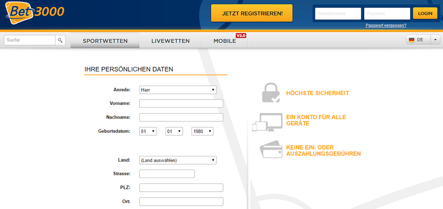 Bet3000 Registrierungsformular