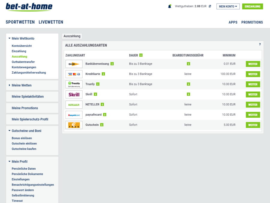 Auszahlung, Sportwetten, bet-at-home Auszahlung bei bet-at-home