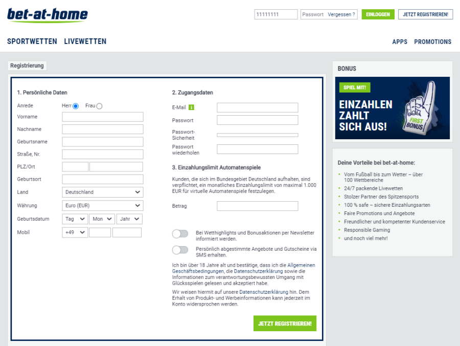 Registrierung bei bet-at-home