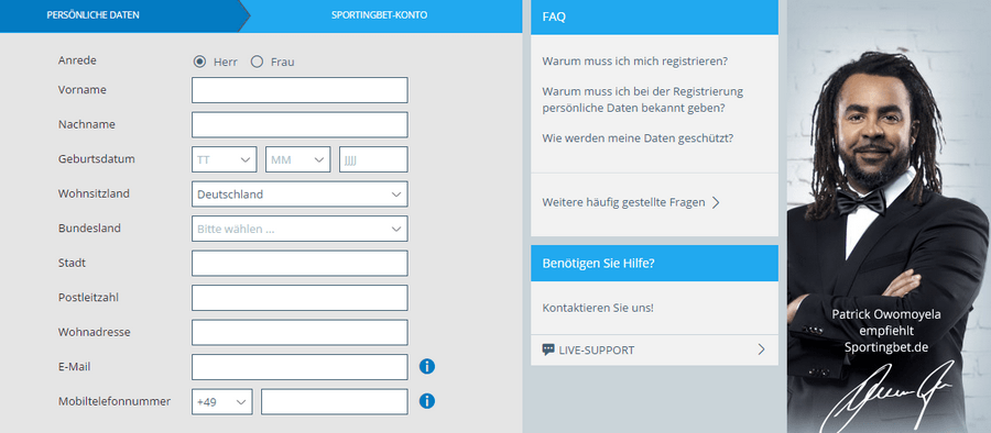 sportingbet Anmeldeformular