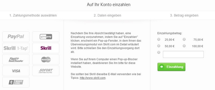 Screenshot von Skrill Einzahlung bei tipico