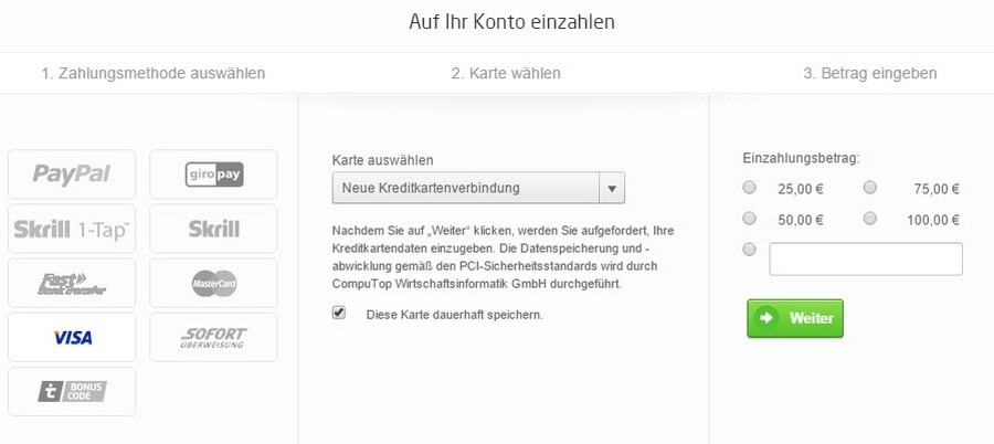 Screenshot Kreditkarte Einzahlung bei tipico