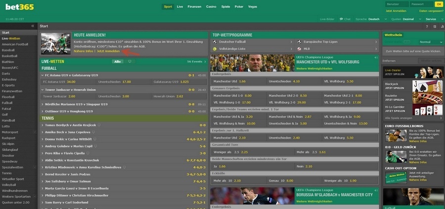 Screenshot bet365 Startseite