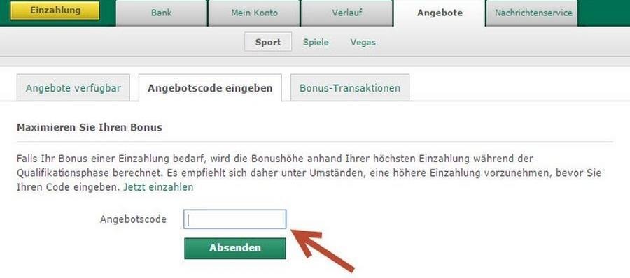 Screenshot bet365 Angebotscode eingeben