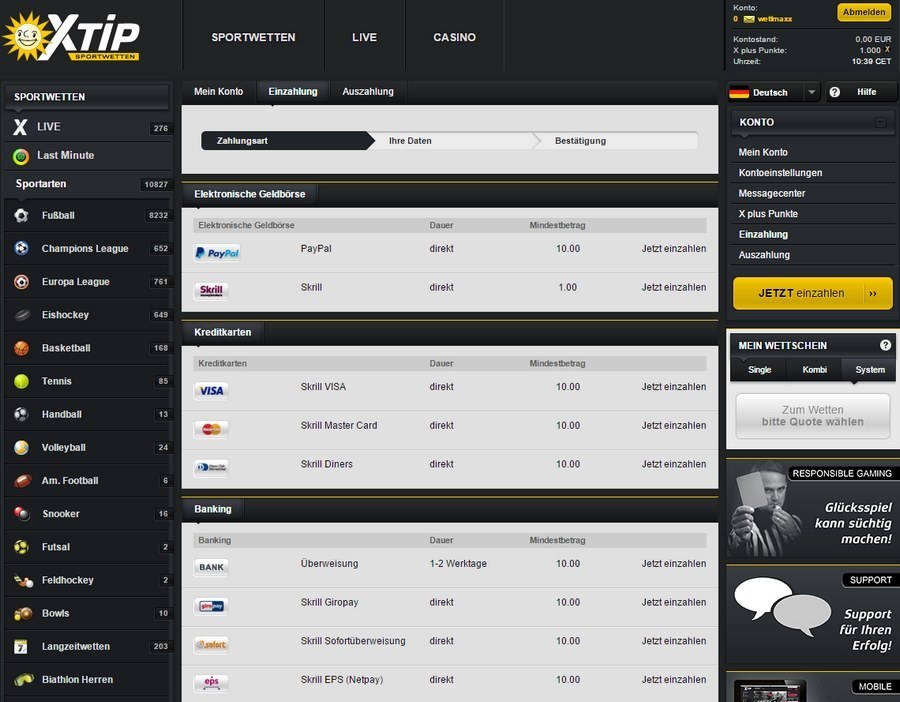 Screenshot X-TiP Einzahlungen