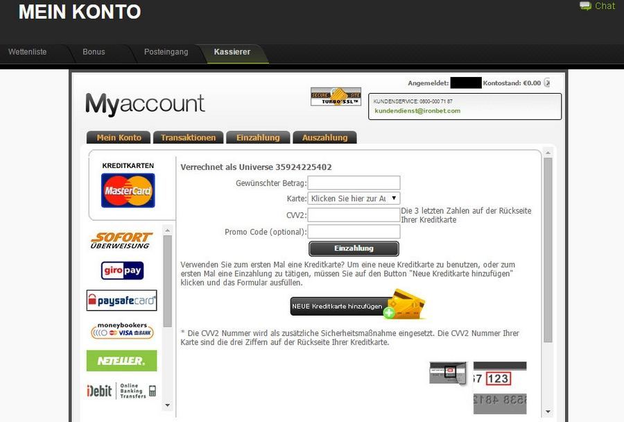 Screenshot ironbet Einzahlungen