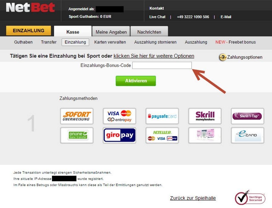Screenshot NetBet Bonuscode