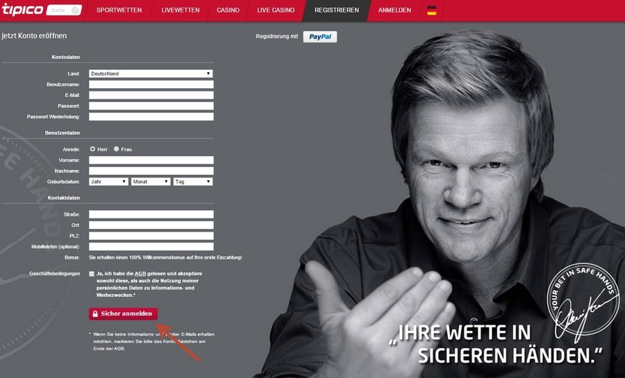 Screenshot Registrierung tipico