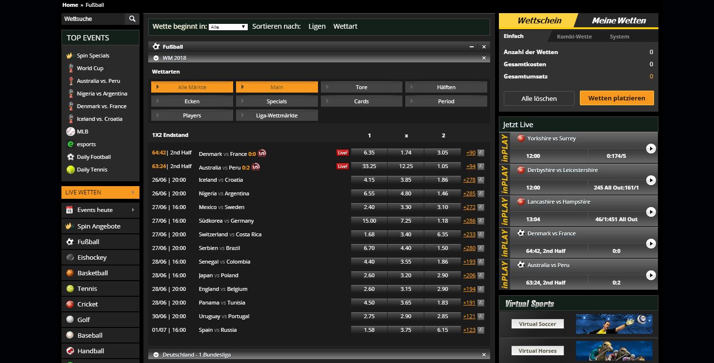 Wettprogramm Spin Palace Sports