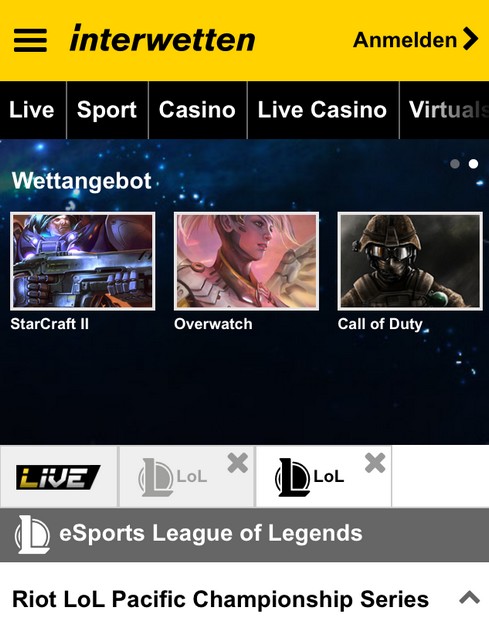 Screenshot esports Wetten bei Interwetten